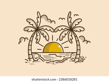 Vintage line art illustration of a beach with big sun