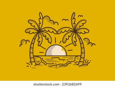 Vintage line art illustration of a beach with big sun