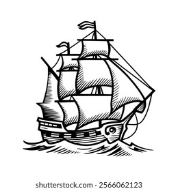 Vintage Line Art Illustration of a Sailing Ship