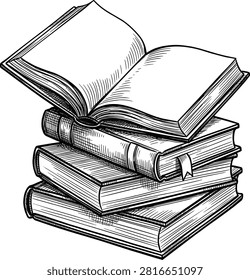 Vintage line art illustration of a stack of books with an open book on top for education and reading concepts