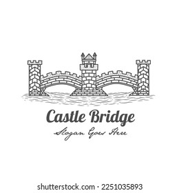 Logo del esquema de arte de la línea de época de puente, puente viejo, puente de castillo, puente peatonal.