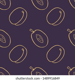Vintage line art outline plum fruit seamless pattern for textile design. Organic texture. Tropical fruit diet. Sketch vector illustration. Vintage tropical graphic. Diet healthy food, nutrition.