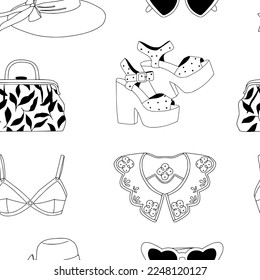 Vintage line art seamless pattern with retro style accessories: sunglasses, collar, bag, shoes, hat, bra. Linear elements. Black and white elegant bohemian outline texture for textile, fabric, paper. 