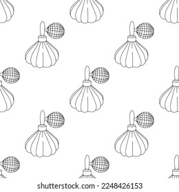 Vintage line art seamless pattern with retro style perfume bottles. Linear cosmetic elements. Black and white elegant bohemian outline texture for textile, fabric, paper. 