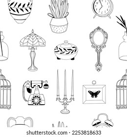 Vintage line art seamless pattern with interior elements: vase, mirror, phone, cage, plant, candle, lamp. Linear texture for textile, fabric, paper. Elegant black and white outline minimalist  surface