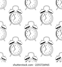 Vintage line art seamless pattern with retro style clock.  Linear texture with interior elements for textile, fabric, paper. Elegant black and white outline minimalist  surface