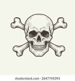 Vintage Line Art Skull and Crossbones Halloween Death Warning Symbol