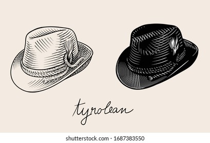 Dibujo vectorial de líneas antiguas de sombrero tirolés. Ilustración en blanco y negro de alta calidad.