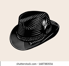 Dibujo vectorial de líneas antiguas de sombrero tirolés. Ilustración en blanco y negro de alta calidad.