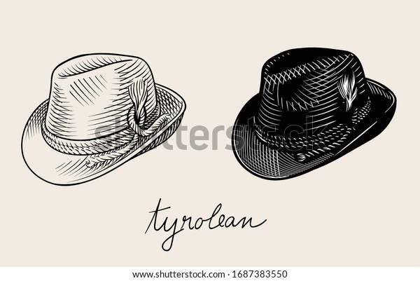 Vintage line art vector drawing of\
Tyrolean hat. High quality Black and white\
illustration.