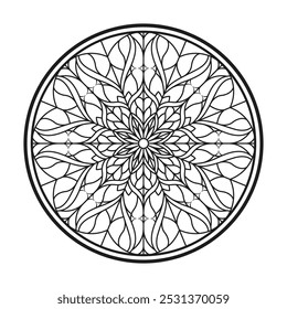 Arte de línea de Antiguas con medallón negro victoriano rosa francesa. Arquitectura medieval en Europa occidental. Ilustración vectorial aislada sobre fondo blanco. Ornamento geométrico. Dibujo para colorear, mandala