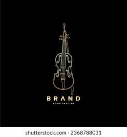 Vintage line art violin logo design. logo element template, gold gradient, black background