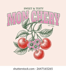 Vintage line drawing and doted cherry illustration. cherry vector graphics. trendy fashion graphics. women's t shirt food print design. collage typography font this art