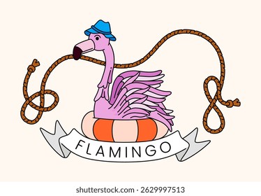 Vintage line drawing of a flamingo wearing a lifebuoy on the beach, emphasizing safety and summer fun in a retro holiday design. Perfect for summer cards, posters, websites, merchandise, decor