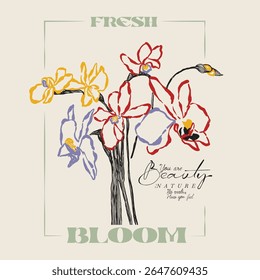 Vintage Line flowers print, flowers vector graphics. summer tropical flowers. printed t-shirt design for men and women's, flower graphic in vector, fresh bloom slogan text print design