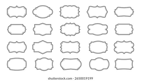 Vintage line frames. Decorative retro borders. Ornamental thin lines symmetrical elements for text. Modern rectangles, circles, ovals, squares shapes patches. Ornate label vector set.