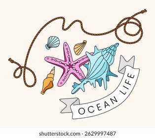Vintage line illustration of sea animals and ocean life featuring starfish, shellfish, and coral in a summer beach holiday theme with classic style. Perfect for summer cards, posters, websites