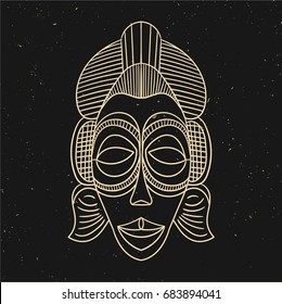 Vintage line old mask. Vector illustration. Hand drawn. Black and gold