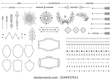 Vintage line set elements in flat graphic design. Collection of dividers and frames, arrows, linear laurel and flourish borders, classic ornate vignette, emblem shapes and other. Vector illustration.