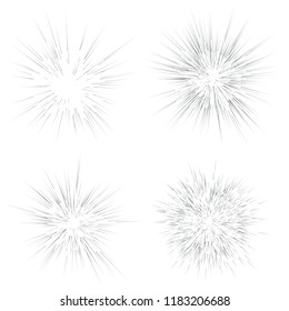 Vintage Line Sunburst Elements on White Background. Retro Bursting Sun Rays Design Set. Vector Illustration. 