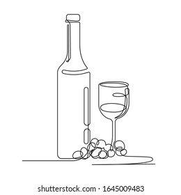 Vintage linear design template with one line botle of wine, glass and grape for decoration design. Design template celebration. Hand drawn line art vector illustration.