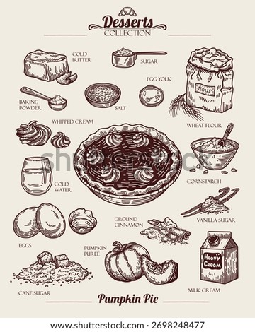Vintage linear illustration of pumpkin pie recipe with ingredients. Bowl of cornstarch, heavy cream, piece of butter, sugar pile, pack of flour, three eggs and yolk.