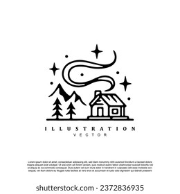 Vintage linear nature wanderlust vector badge, Outline night nature design