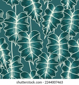 Vintage linear seamless pattern with alocasia leaves. Tropical plant on green background