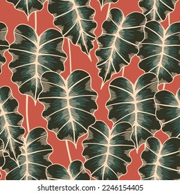 Vintage linear seamless pattern with alocasia leaves. Tropical plant on red background. Retro style botanical texture