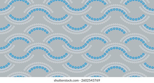 Vintage linear seamless pattern. Weaving in the form of chain mail. Wavy lace scallops ornament of semicircles. Elegant ethnic gray background. Concentric arcs made from small circles.