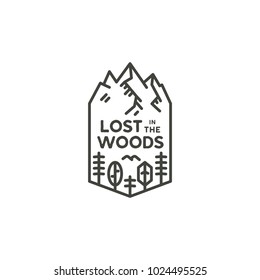 Vintage linear travel badge. Camping line art label concept. Mountain expedition logo design. lumberjack logotype. Lost in the woods sign. Stock vector patch isolated on white background