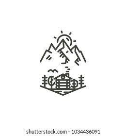 Vintage linear travel badge. Camping line art label concept. Mountain expedition logo design. Stock vector patch isolated on white background.