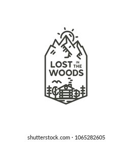 Vintage linear travel badge. Camping line art label concept. Mountain expedition logo design. Lumberjack logotype. Lost in the woods sign. Stock vector patch isolated on white.