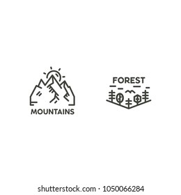 Vintage linear travel badges. Camping line art label concept. Mountain expedition logo design. Forest badge, lumberjack logotype. Lost in the woods sign. Stock vector patch isolated on white.