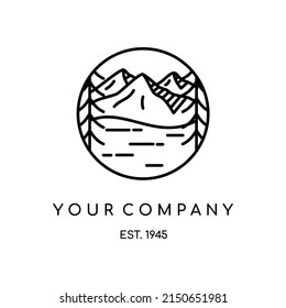 Vintage linear travel patch badge design. Camping line art label concept. Wild camping on mountain, tree, and river expedition logo. Lumberjack logotype. Pin graphic illustration vector art t-shirt.