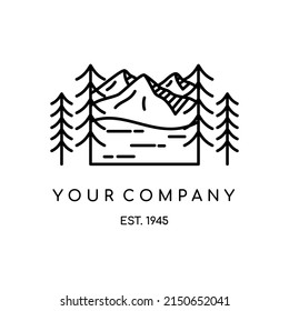 Vintage linear travel patch badge design. Camping line art label concept. Wild camping on mountain, tree, and river expedition logo. Lumberjack logotype. Pin graphic illustration vector art t-shirt.