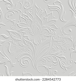 Vintage lines flowers textured 3d embossed seamless pattern background. Grunge white backdrop. Line art  flowers, leaves. Relief hand drawn surface modern ornaments. Decorative ornate design. Element.