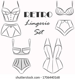 Vintage Lingerie Or Swimsuits Set. Collection Of Sexy Retro Women Underwear Pieces. Different Types Of Bras, Panties, Teddy For Undergarment Shops Or Boutiques Advertisement. Vector Illustration