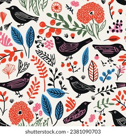 Vintage Lino Print Bird Seamless Pattern