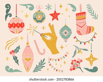 Vintage linocut Christmas set of elements. Colorful floral ornaments. Hand holding sparkles. Christmas decorations, garlands, sock, stars, candies illustrations. Retro New year collection.
