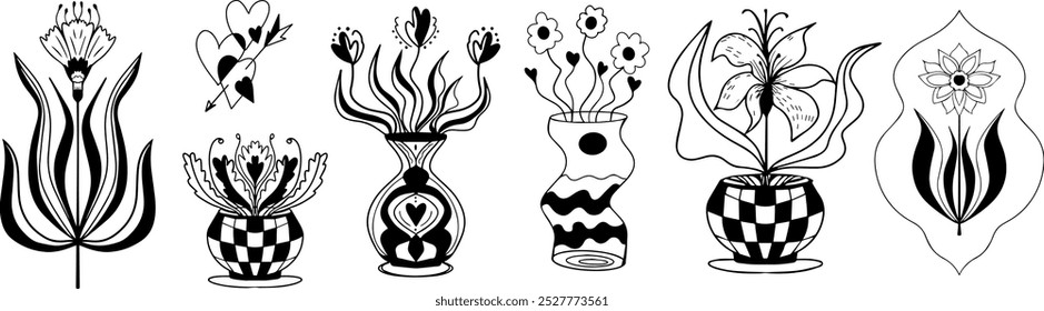 Vintage linocut flowers set decorative stylized black and white flower. Doodle style, graphic for poster. Ornamental cute line drawing. doodle, sketch hand drawn vector illustrations.