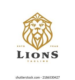 Vintage lion head and shield emblem logo design. Linear lion shield vector icon