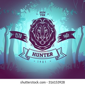 Vintage lion labels. Retro vector design graphic element,  for your design or poster. Wood background. Hunter woods background.