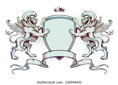 Vintage lion on shield. Vector illustration.