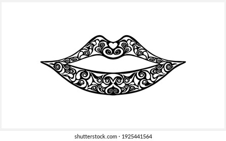 Vintage lips icon isolated on white.  Tangled stencil. Vector stock illustration. EPS 10