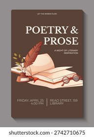 Vintage literary event poster with vector illustration of open books, quill and inkwell. Classic poetry and prose night invitation template with elegant typography and warm brown background.