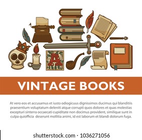 Vintage literature old books vector poster of writer quill ink pen typewriter vector icons