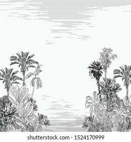 Vintage Lithograph Drawing Illustration Of Jungle Tropical Palms At The Sea Lagoon Invitation Card Design