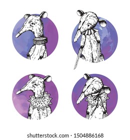 Vintage little mouses sketch in lilac medallions. Illustration, clip art, scrapbooking graphic on white background