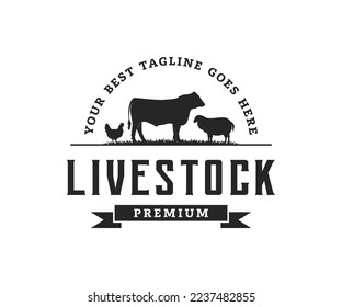 Vintage livestock logo with cow, chicken, and lamb. Animal farm fresh logo design template